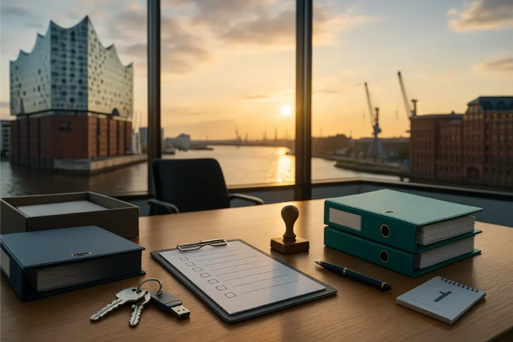 Hamburger Büro mit Blick auf die Elbphilharmonie; Ordner, Stempel, Schlüssel und Checkliste auf dem Tisch – für den Verwalterwechsel